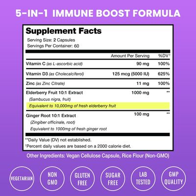 Elderberry Capsules | 10,000mg Sambucus Elderberry with Zinc and Vitamin C for Adults + Vitamin D3 5000 IU &amp; Ginger | 5-in-1 Antioxidant Immune Support Supplement | 120 Elderberry Extract Capsules