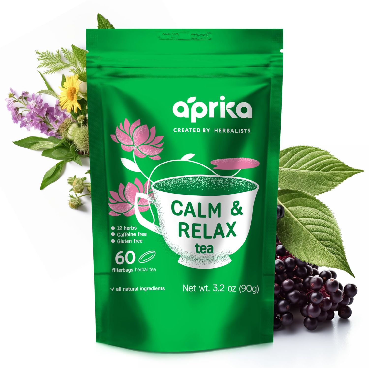 aprikalife - Calm and Relax Herbal Tea with Chamomile, Peppermint, and Lavender - 60 Tea Bags. Delicious Herbal Blend for a Calming Experience