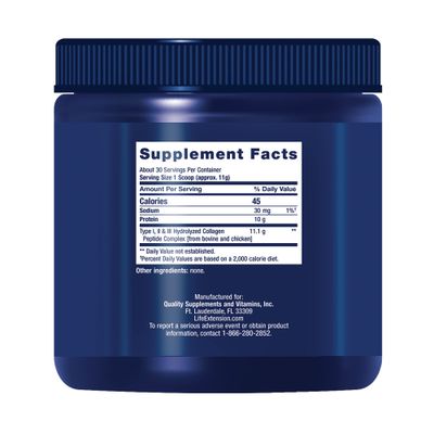 Life Extension Collagen Peptides for Skin &amp; Joints, Collagen Types I, II &amp; III in an Easy-Mix Powder, Gluten Free, Non-GMO, net Weight 343 Grams