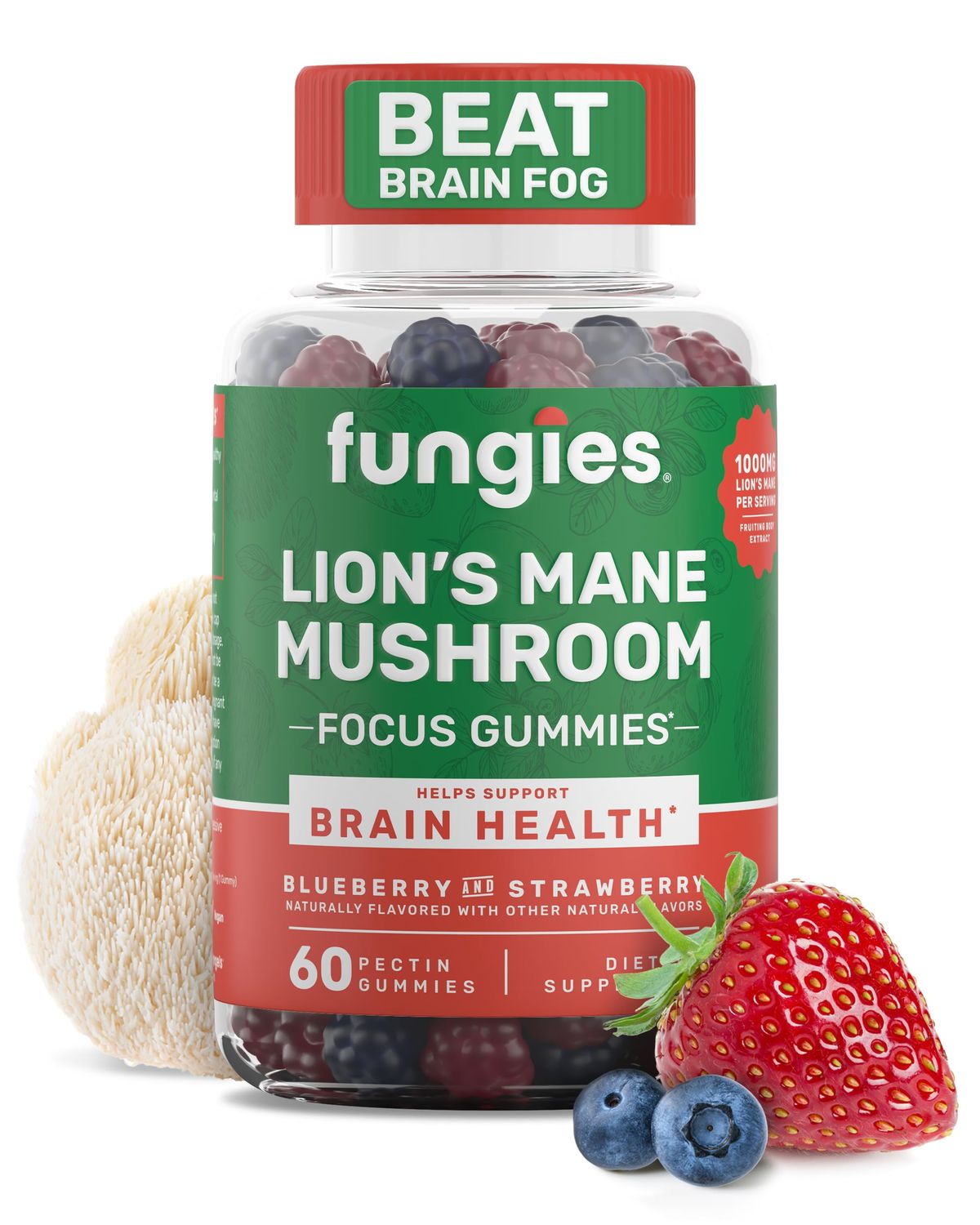 Fungies Lion&#39;s Mane Mushroom Gummies, Mixed Blueberry &amp; Strawberry Flavor - Mushroom Supplement Gummy for Adults &amp; Children Supports Brain Health, Cognitive Function, Focus, Memory &amp; Mood, 60 Servings
