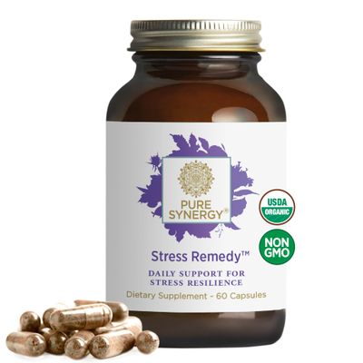 PURE SYNERGY Stress Remedy | Stress Relief Supplement with Ashwagandha | Organic Adaptogen Support from Rhodiola, Lemon Balm, and Holy Basil | for Stress, Adrenal Health, and Mood (60 Capsules)