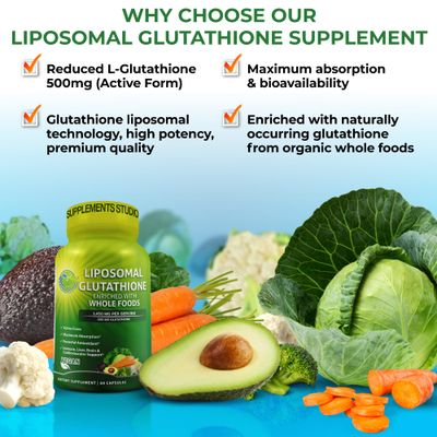 Liposomal Glutathione 500mg - Active Form L Glutathione (Reduced) for Maximum Absorption - Made with Organic Whole Foods - Master Antioxidant &amp; Detoxifier - Immune &amp; Cardiovascular Support - 60 count