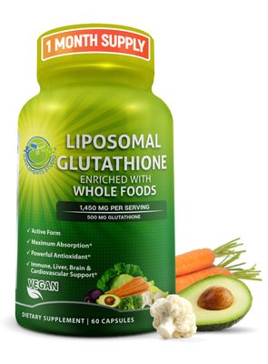 Liposomal Glutathione 500mg - Active Form L Glutathione (Reduced) for Maximum Absorption - Made with Organic Whole Foods - Master Antioxidant &amp; Detoxifier - Immune &amp; Cardiovascular Support - 60 count