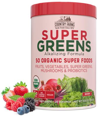 Country Farms Organic Super Greens Berry Flavor, 50 Organic Super Foods, Packed with Fiber, USDA Organic Drink Mix, Fruits, Vegetables, Mushrooms &amp; Probiotics, Supports Energy, 5g Fiber