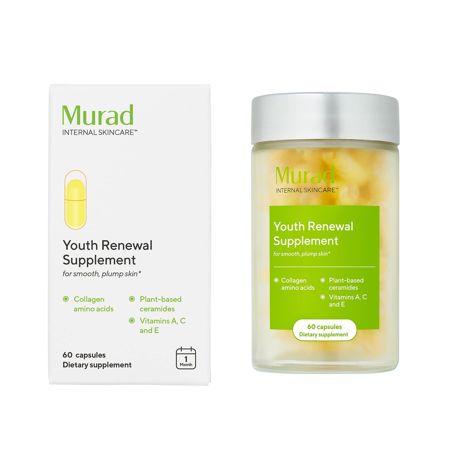 Murad Youth Renewal Supplement for Smooth, Plump Skin - Anti-Aging Beauty Supplement - Collagen and Ceramides Reduce Wrinkles and Fine Lines from Within, 60 Capsules - 30-Day Supply