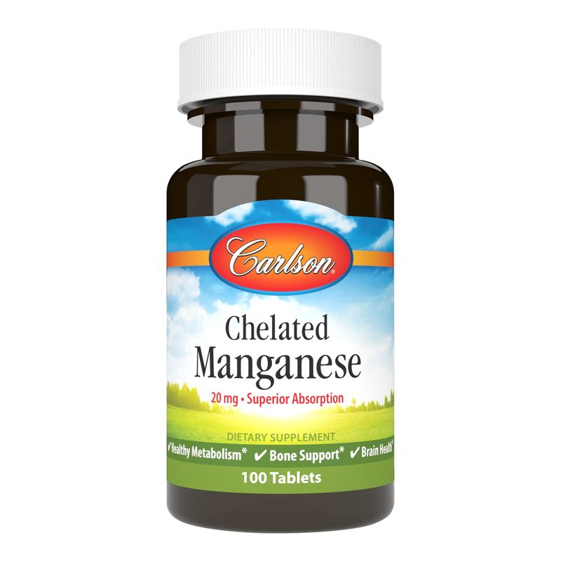 Carlson - Chelated Manganese, 20 mg, Superior Absorption, Healthy Metabolism, Bone Support &amp; Brain Health, 100 Tablets