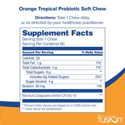Bariatric Fusion Bariatric Probiotic Soft Chews | Orange Tropical Flavor Chewy Bariatric Vitamin | Bacillus Coagulans 10 Billion CFU Chewable Probiotic | Support Digestive &amp; Immune Health | 60 Count