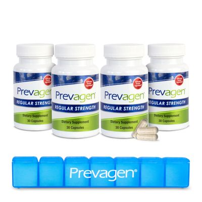 Prevagen Regular Strength 10mg, 30 Capsules |4 Pack| with Apoaequorin &amp; Vitamin D &amp; Prevagen 7-Day Pill Minder
