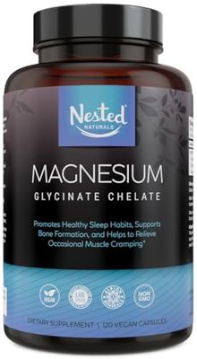 Nested Naturals Magnesium Glycinate Chelate - Magnesium Supplement for Muscle Cramps, Relaxation, &amp; Sleep Support - 100% Chelated Albion TRACCS Buffered Magnesium Glycinate 200mg - 120 Vegan Capsules