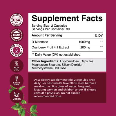 D Mannose with Cranberry Extract Capsules - Potent D Mannose Capsules for Kidney Cleanse and Urinary Tract Health for Women - D-Mannose 1000mg Capsules with 1000mg Per Serving (1 Month Supply)
