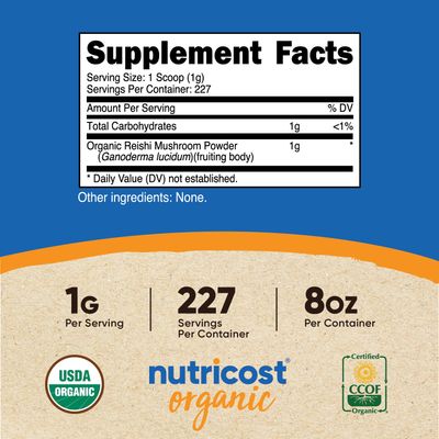 Nutricost Organic Reishi Mushroom Powder 0.5LB (8oz) - USDA Certified 100% Organic, Vegetarian, Non-GMO, Gluten Free