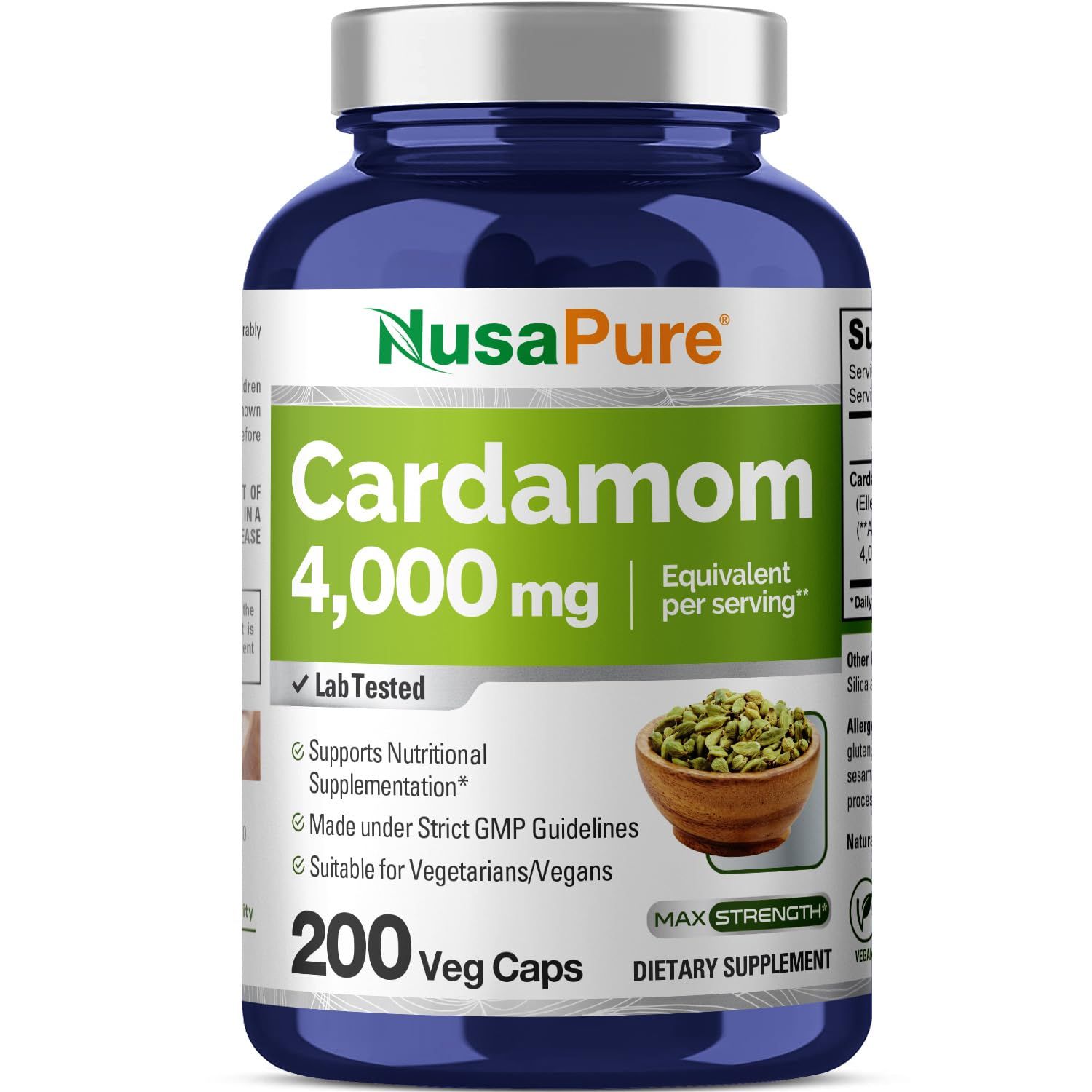 NusaPure Cardamom Extract 4000mg 200 Vegetarian Capsules (Non-GMO, Vegan)