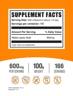 BulkSupplements.com Alpha Lipoic Acid Powder - ALA Supplement, Alpha Lipoic Acid 600mg - ALA Powder, Gluten Free - 600mg of Alpha-Lipoic Acid per Serving, 100g (3.5 oz) (Pack of 1)