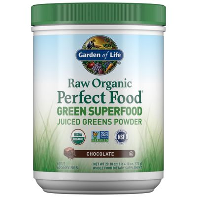Garden of Life Raw Organic Perfect Food Green Superfood Juiced Greens Powder - Chocolate, 60 Servings, Non-GMO, Gluten Free, Vegan Whole Food Dietary Supplement, Plus Probiotics, Enzymes