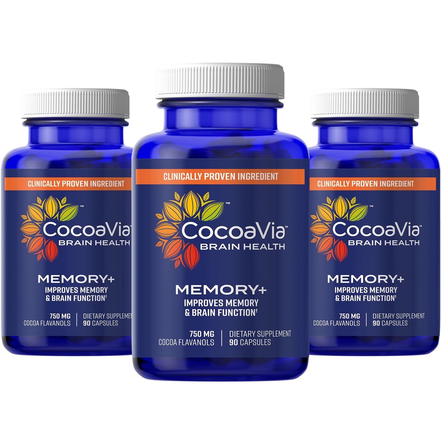 CocoaVia Memory+ Brain Supplement, 90 Day, 750 mg Cocoa Flavanols, Memory &amp; Brain Booster, Vegan, Plant Based, Gluten Free, 270 Capsules