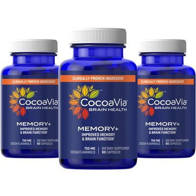 CocoaVia Memory+ Brain Supplement, 90 Day, 750 mg Cocoa Flavanols, Memory &amp; Brain Booster, Vegan, Plant Based, Gluten Free, 270 Capsules