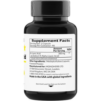 MONOHERB R-Lipoic Acid 300 mg - 90 Vegetarian Capsules - Stabilized R-Alpha-Lipoic Acid