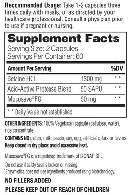 Enzymedica, Betaine HCl, Occasional Heartburn and Indigestion Support, 60 Capsules