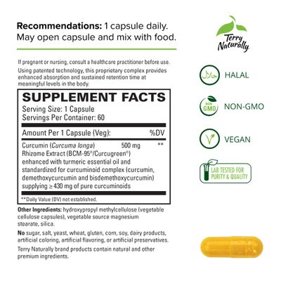 Terry Naturally CuraMed 500mg - Antioxidant Supplement for Brain & Immune Health Support - Supplement with Curcumin & Turmeric Essential Oil - Herbal Liver Support - 60 Softgels