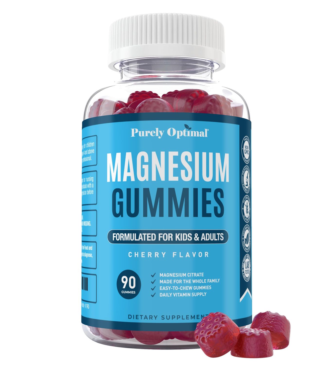Purely Optimal Premium Magnesium Citrate Gummies for Adults &amp; Kids - Supports Relaxation, Muscle &amp; Nerve Function - Chewable, Non-GMO, Vegan, Gluten-Free - 90 Delicious Gummies