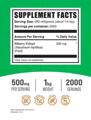 BulkSupplements.com Bilberry Extract Powder - Bilberry Fruit Extract, Bilberry Powder, Bilberry Supplement for Eyes - Glulten Free, 500mg per Serving, 1kg (2.2 lbs) (Pack of 1)