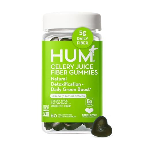 HUM Celery Juice Fiber Gummies The First Prebiotic Celery Juice Gummy, Supports Detoxification and A Daily Green Boost with Celery Juice, Chlorophyll, and Prebiotic Fiber (60-Count)