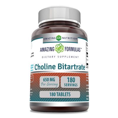 Amazing Formulas Choline Bitartrate - 650 MG, 180 Tablets (Non-GMO, Gluten Free) - Supports Nerve &amp; Brain Health - Promotes Cellular Function - Cognitive Support
