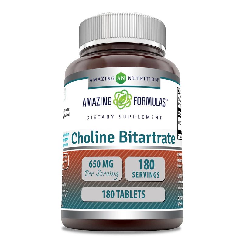 Amazing Formulas Choline Bitartrate - 650 MG, 180 Tablets (Non-GMO, Gluten Free) - Supports Nerve &amp; Brain Health - Promotes Cellular Function - Cognitive Support