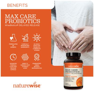 NatureWise Max Probiotics for Women &amp; Men - 30 Billion CFU 18 Strains With Prebiotics - Advanced Probiotics For Digestive Health - Delayed-Release Capsules, Gluten Free - 60 Capsules[2-Month Supply]