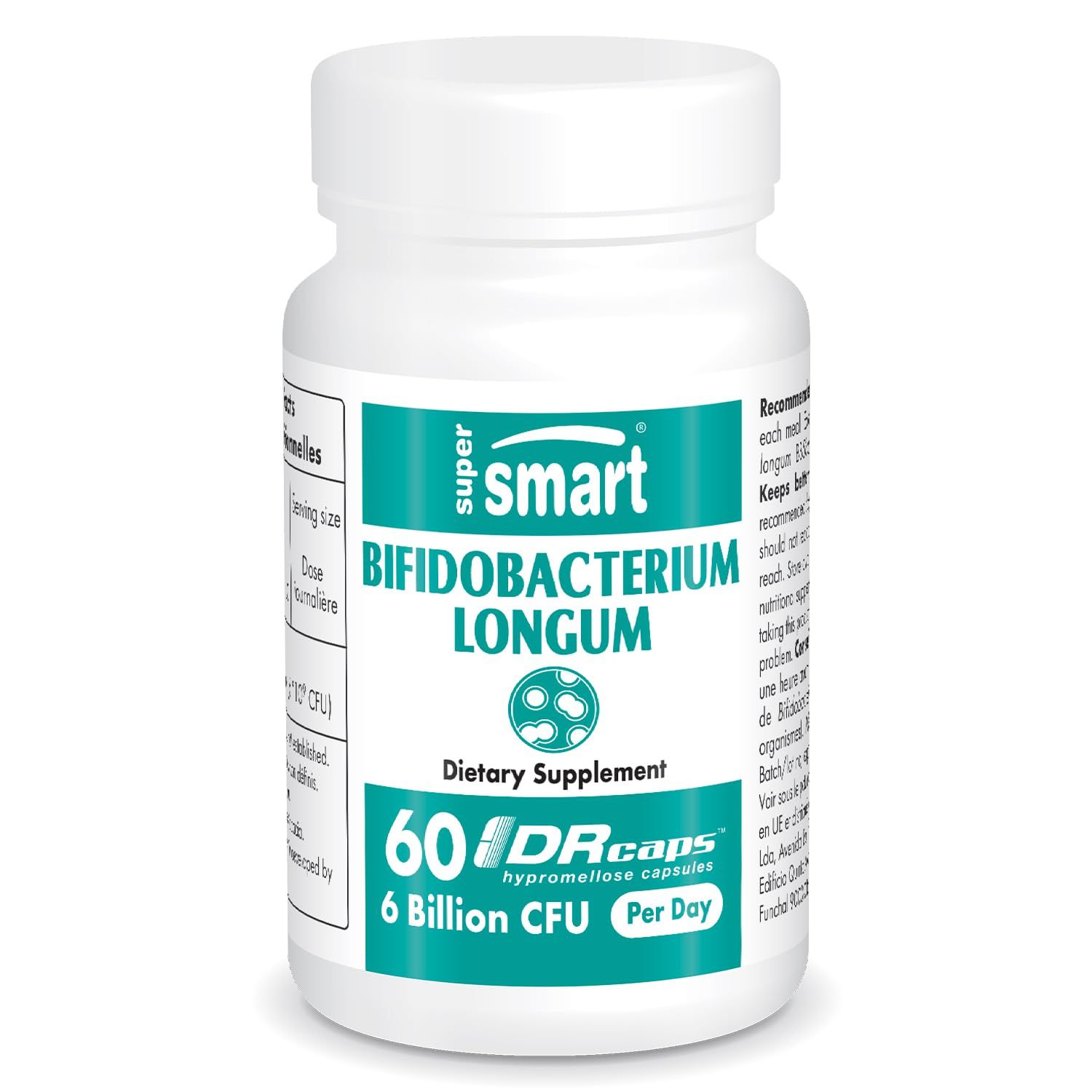 Supersmart - Bifidobacterium Longum (BB536) 6 Billion CFU per Day - Probiotics &amp; Prebiotics Supplement | Non-GMO &amp; Gluten Free - 60 DR Capsules