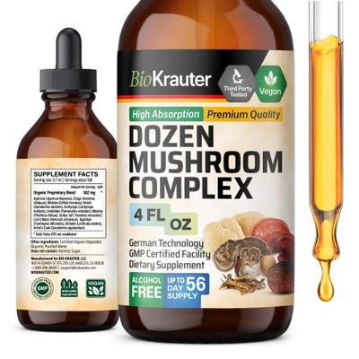 BIO KRAUTER Dozen Mushroom Tincture - Immune Support Supplement Drops - Promotes Digestive &amp; Cognitive Support - Non-GMO, Liquid Immunity Defense Formula - 4 fl. oz Bottle