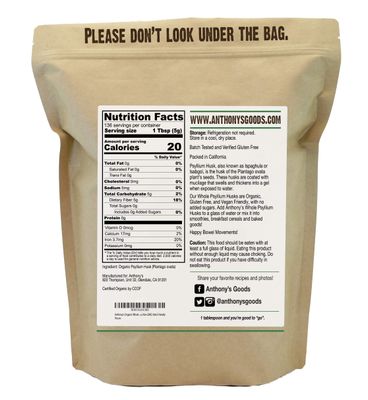 Anthony's Organic Whole Psyllium Husks, 1.5 lb, Dietary Fiber, Gluten Free, Non GMO, Keto Friendly