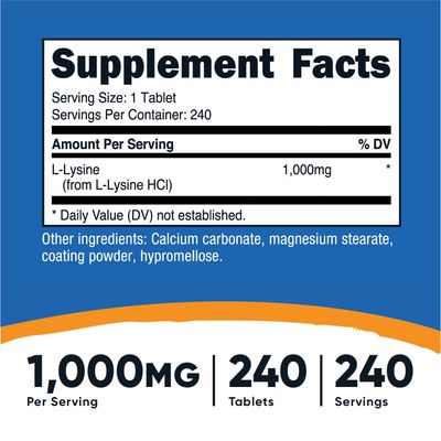Nutricost L-Lysine 1000mg, 240 Tablets - Gluten Free, Non-GMO, and Vegetarian Friendly