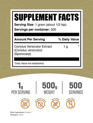BulkSupplements.com Turkey Tail Mushroom Extract Powder - Coriolus Versicolor Extract, Turkey Tail Mushroom Powder - Vegan &amp; Gluten Free, 1000mg per Serving. 500g (1.1 lbs) (Pack of 1)