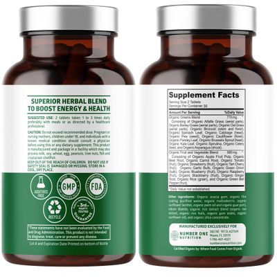 2-Pack N1N Premium Organic Green Superfood, Fruits &amp; Veggies [28 Powerful Ingredients] Natural Supplement with Alfalfa, Beet Root &amp; Tart Cherry for Energy, Immunity, Digestion, Made in USA, 120 Ct