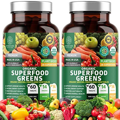 2-Pack N1N Premium Organic Green Superfood, Fruits &amp; Veggies [28 Powerful Ingredients] Natural Supplement with Alfalfa, Beet Root &amp; Tart Cherry for Energy, Immunity, Digestion, Made in USA, 120 Ct