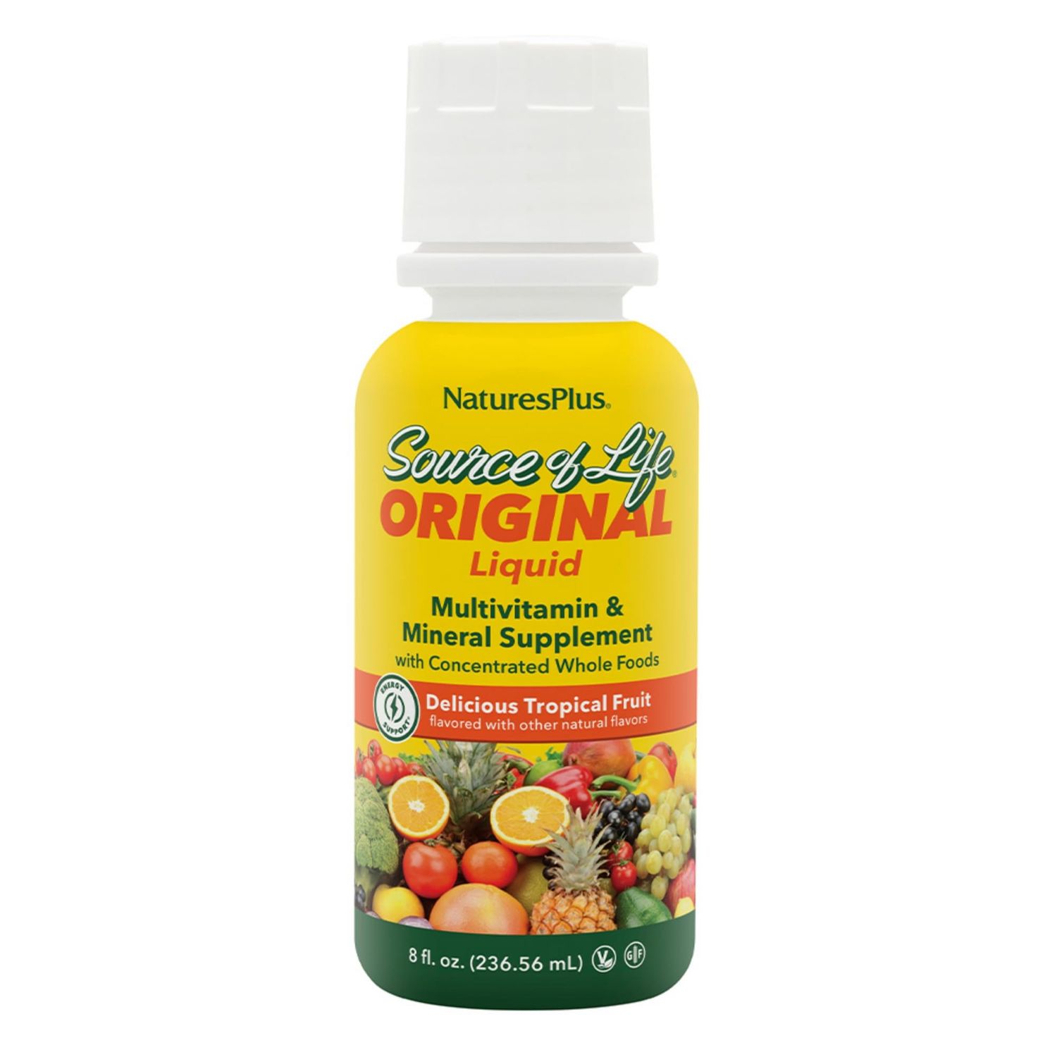 Natures Plus Source of Life Liquid, Tropical Fruit - 8 fl oz - Multivitamin &amp; Mineral Supplement - Gluten Free, Vegetarian - 8 Servings