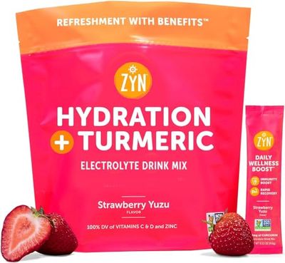 ZYN Turmeric Powder, Electrolyte Drink Mix Hydration Packets 32 Servings | Strawberry Yuzu | Healthy Electrolytes Powder with Turmeric Powder, Vitamin C, Zinc &amp; Curcumin