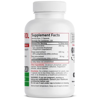 Bronson Resveratrol 500 Complex Standardized Trans-Resveratrol + Grape Seed &amp; Red Wine Extract, 120 Capsules