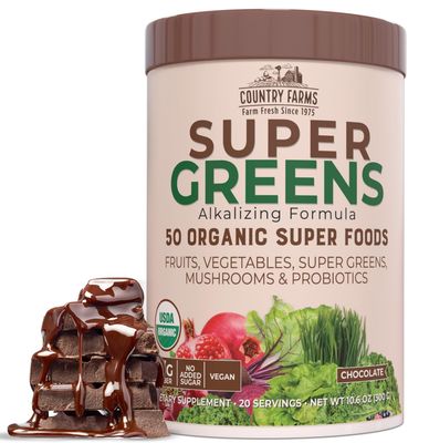 COUNTRY FARMS Organic Super Greens Chocolate Flavor, 50 Organic Super Foods, USDA Organic Drink Mix, Packed with Fiber, Fruits, Vegetables, Mushrooms &amp; Probiotics, Supports Energy, 7g Fiber