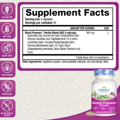 Ridgecrest Herbals Blood Pressure Herbal Formula, 12 Herbs, Poria Mushroom, Gastrodia, Gardenia, for Heart, Vascular, Circulation Health (60 Count (Pack of 1))