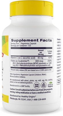 Healthy Origins Methyl Folate (Featuring Quatrefolic), 800 mcg - Replacement for Folic Acid - Bioavailable Folate Supplement - Vegan, Non-GMO, Gluten-Free Supplement - 120 Veggie Capsules