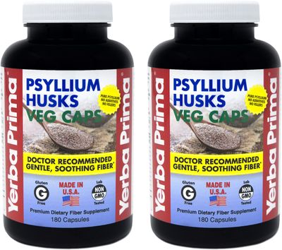 Yerba Prima Psyllium Husks Veg Caps - 180 Count (2 Pack) (625mg) - Vegan, Non-GMO, Gluten Free, Colon Cleanser, Daily Fiber Supplement for Gut Health &amp; Regularity