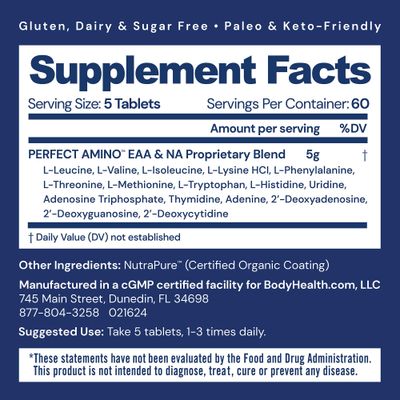 BodyHealth PerfectAmino (300 ct) Easy to Swallow Tablets, Essential Amino Acids Supplement with BCAAs, Vegan Protein for Pre/Post Workout & Muscle Recovery with Lysine, Tryptophan, Leucine, Methionine