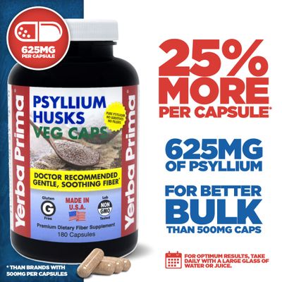 Yerba Prima Psyllium Husks Veg Caps - 180 Count (2 Pack) (625mg) - Vegan, Non-GMO, Gluten Free, Colon Cleanser, Daily Fiber Supplement for Gut Health & Regularity