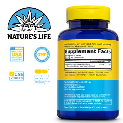 NATURE'S LIFE SoftMag 500 mg - Magnesium Complex w/Magnesium Citrate, Magnesium Malate - Bone Health, Muscle and Heart Health Support - Easy to Swallow Softgels - 60-Day Guarantee, 60 Servings, 60ct