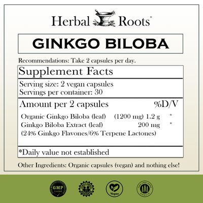 Herbal Roots Ginkgo Biloba Made with Pure Organic Ginkgo Leaf - 1,400mg per Serving, 60 Vegan Capsules
