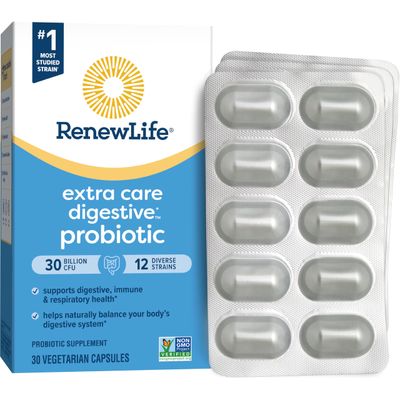 Renew Life Extra Care Go-Pack Probiotic Capsules, Daily Supplement Supports Immune, Digestive and Respiratory Health, L. Rhamnosus GG, Dairy, Soy and gluten-free, 30 Billion CFU, 30 Ct