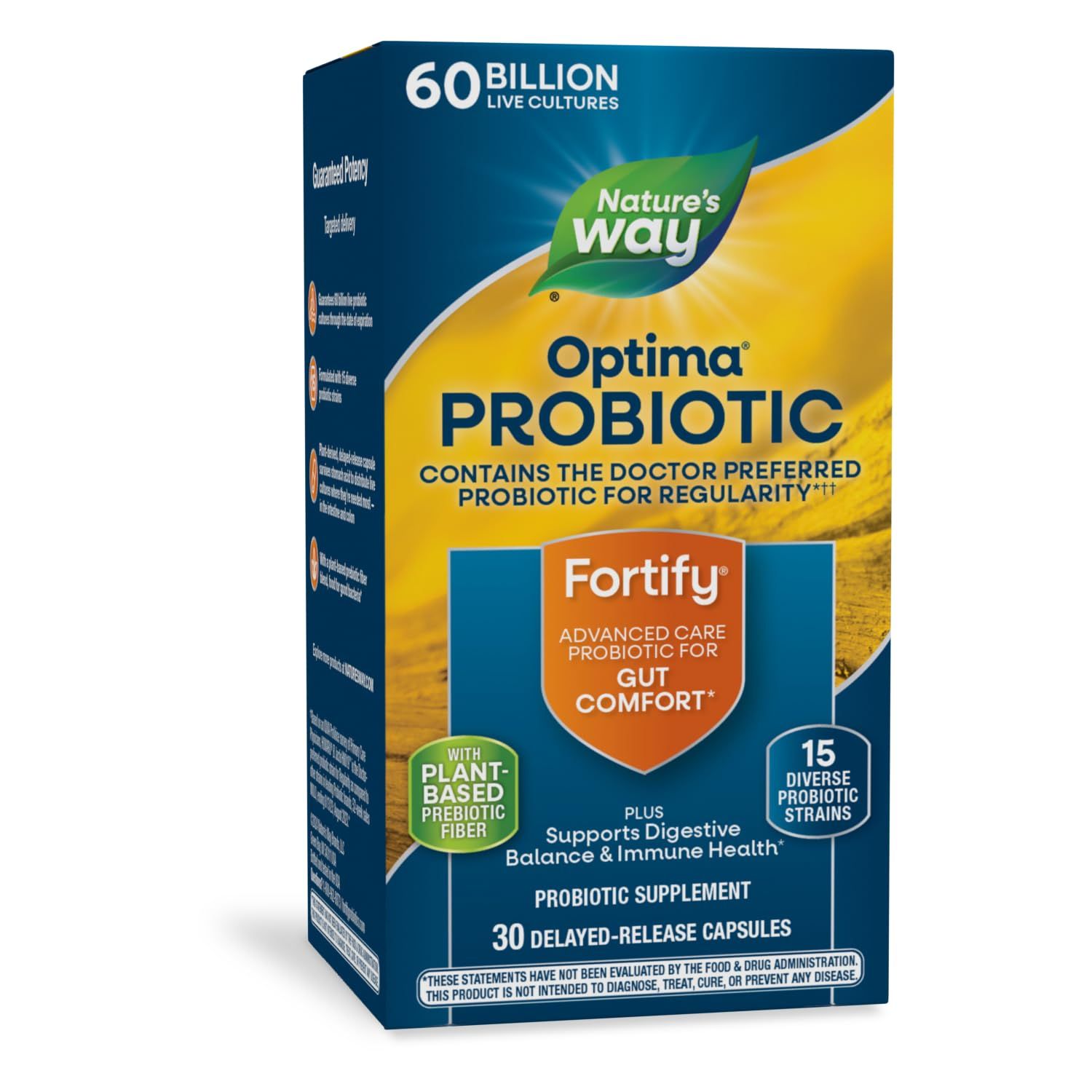 Natures Way Fortify Optima Advanced Care Probiotic - 60 Billion CFU - With Plant-Based Prebiotic Blend - Digestive Balance &amp; Immune Health* - Certified Gluten Free - 30 Capsules