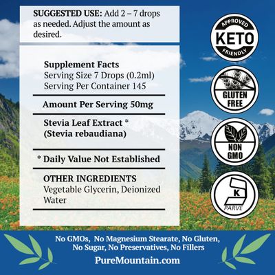 Pure Mountain Botanicals Liquid Stevia Drops - Natural Sweetener - Concentrated Sugar Free Substitute Diabetic Friendly Ideal for Keto Low Carb and Vegan Diet Great Addition to Weight Loss Program